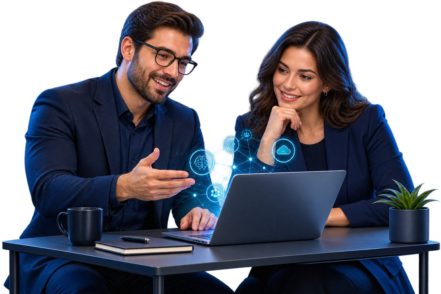 Consultor ajudando uma cliente com soluções de inteligência artificial e tecnologia